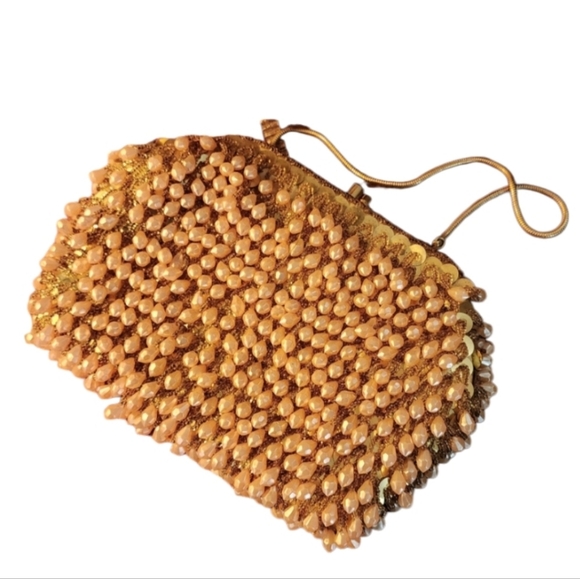 VINTAGE 1960s DEBBIE Gold Beige Faux Pearl Beaded Evening Bag Made in Hong Kong - Picture 4 of 16